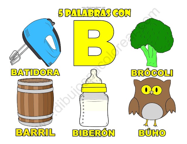 Cinco Palabras con la letra B dibujo a color y para colorear